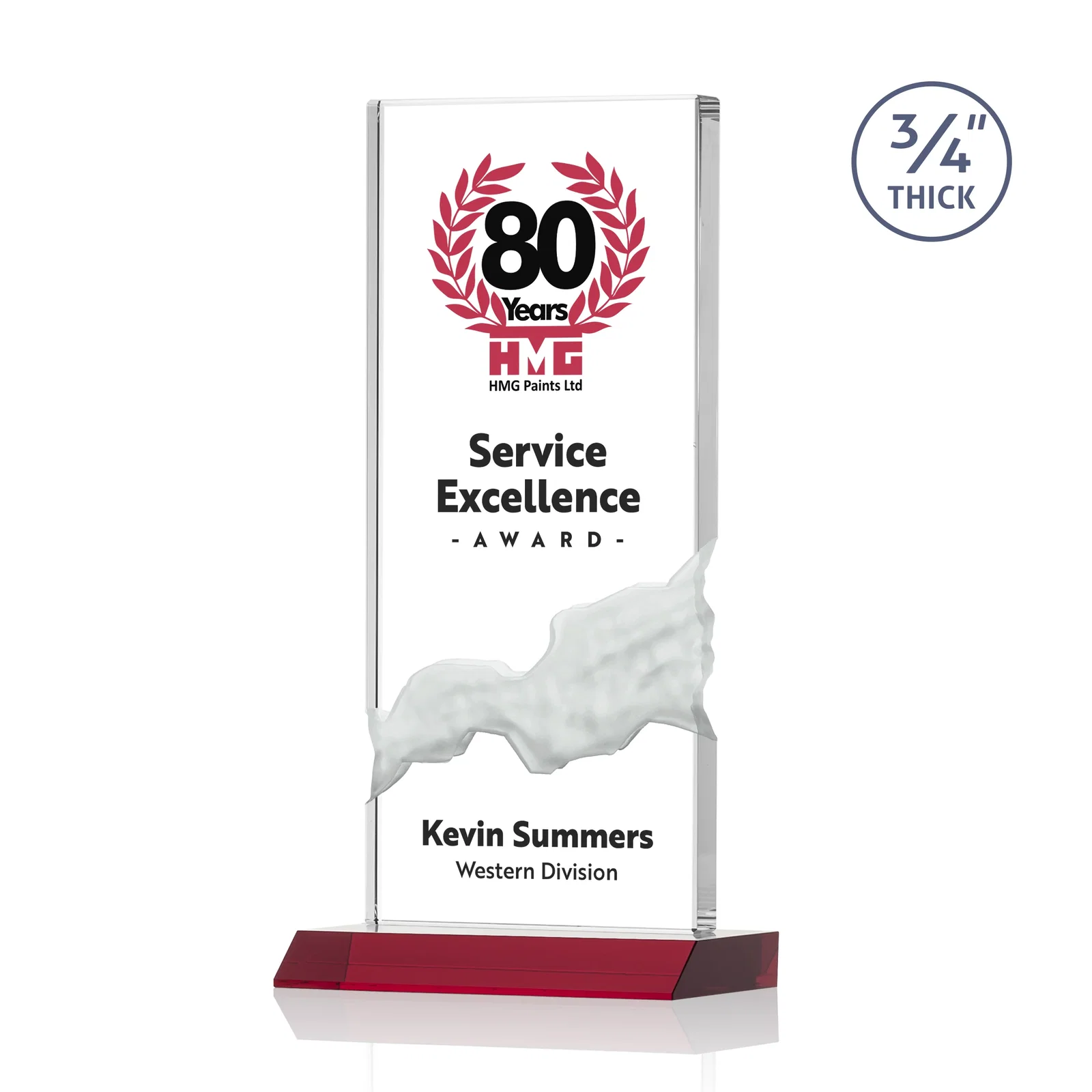 Custom printed Starfire Crystal Upright Award with Carved Waterfall on Mitered Base, awards for donor appreciation
