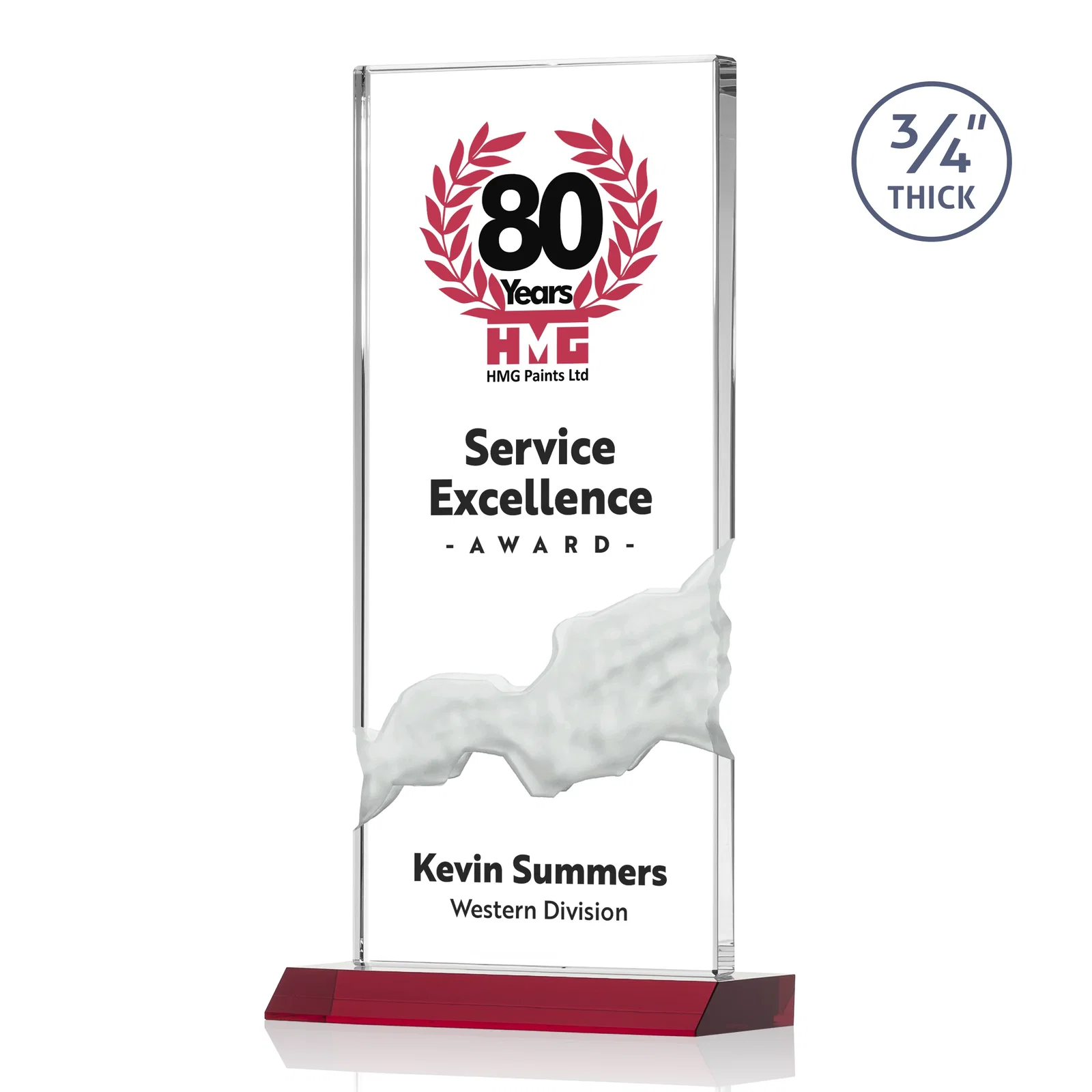 Custom printed Starfire Crystal Upright Award with Carved Waterfall on Mitered Base, awards for graduation ceremonies