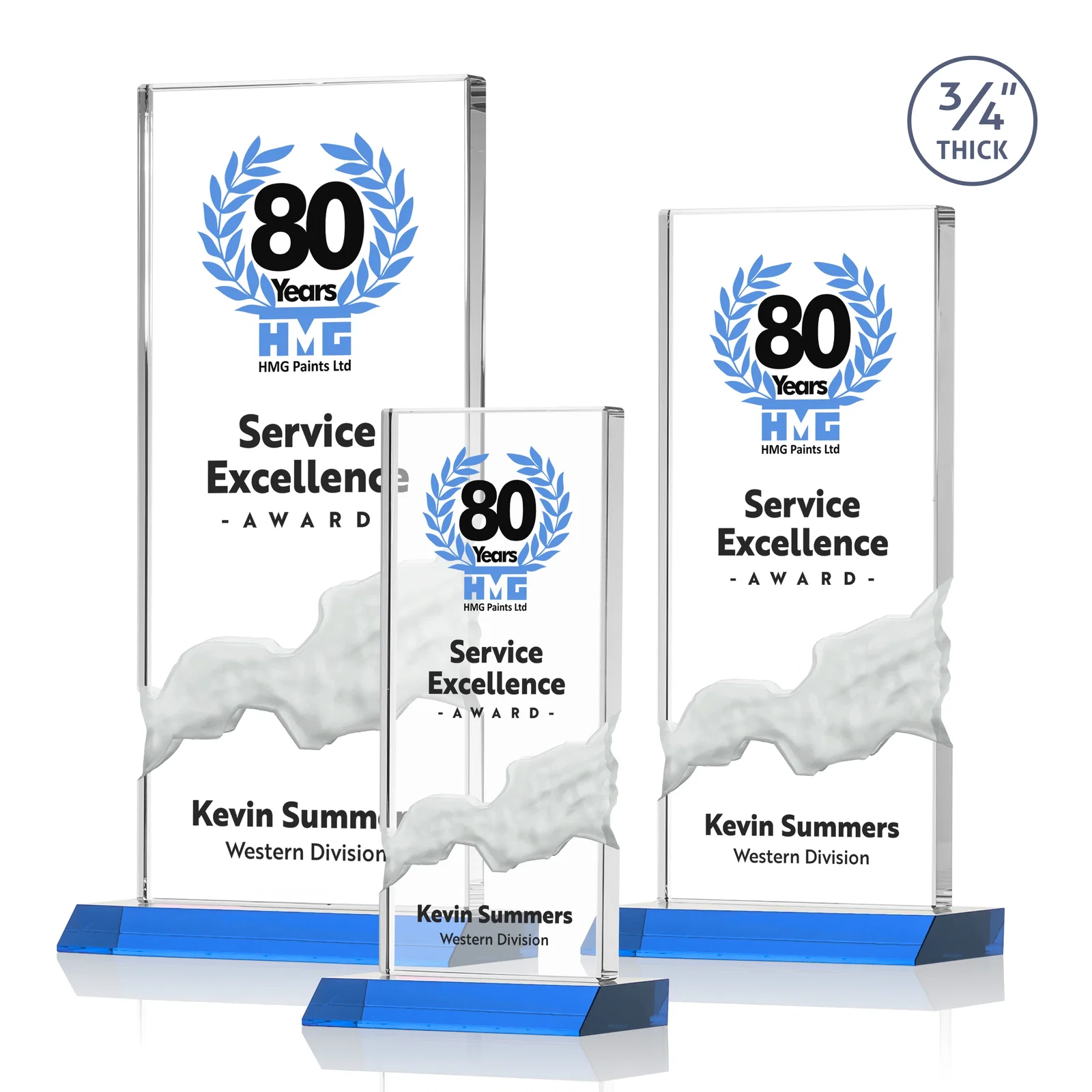 Custom printed Starfire Crystal Upright Award with Carved Waterfall on Mitered Base, awards for safety achievement programs