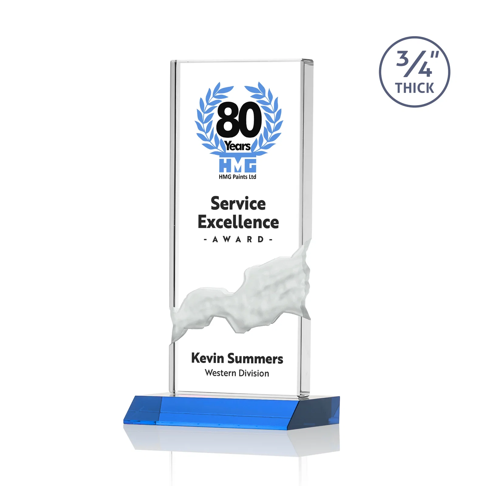 Custom printed Starfire Crystal Upright Award with Carved Waterfall on Mitered Base, awards for volunteer appreciation