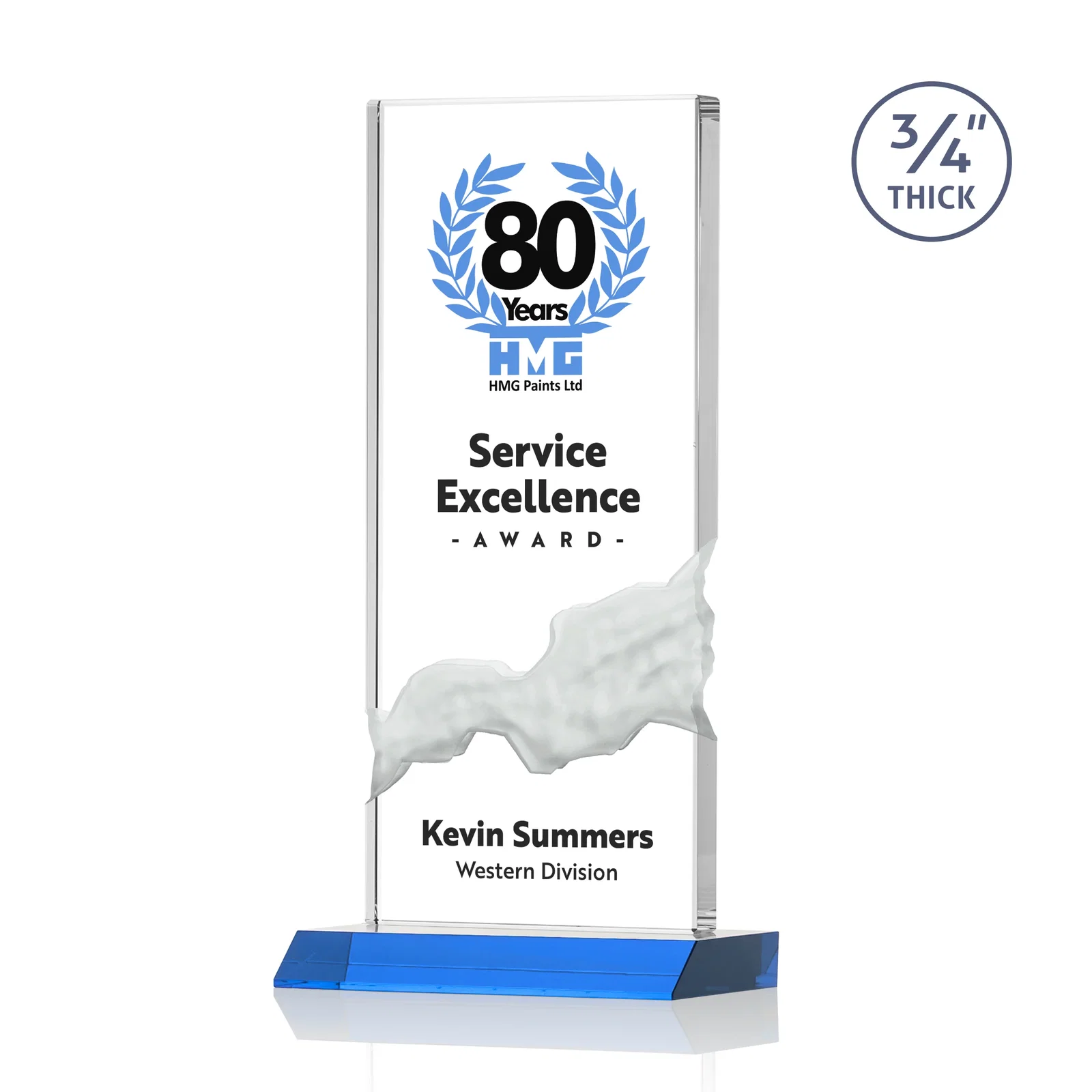 Custom printed Starfire Crystal Upright Award with Carved Waterfall on Mitered Base, awards for dealer and partner awards
