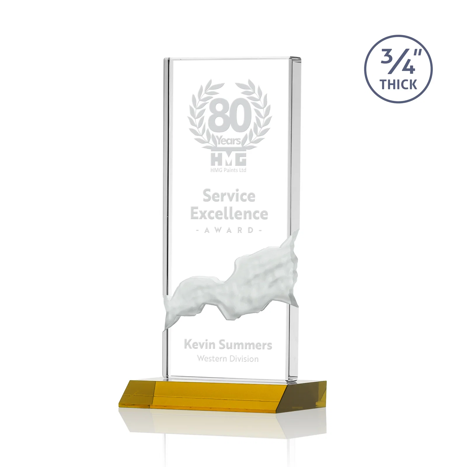 Custom Starfire Crystal Upright Award with Carved Waterfall on Mitered Base, awards for team milestone celebrations