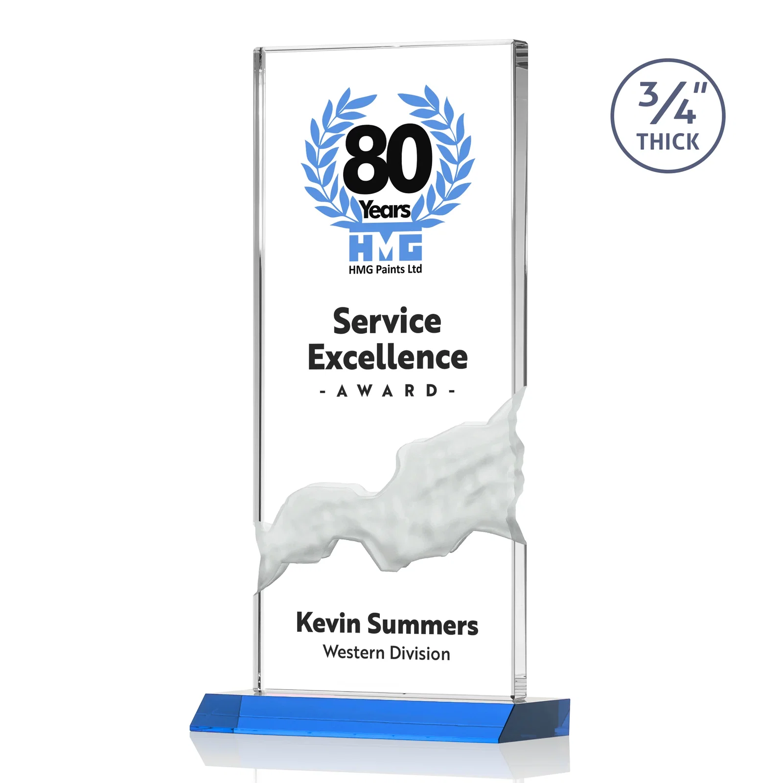 Custom printed Starfire Crystal Upright Award with Carved Waterfall on Mitered Base, awards for company anniversary events