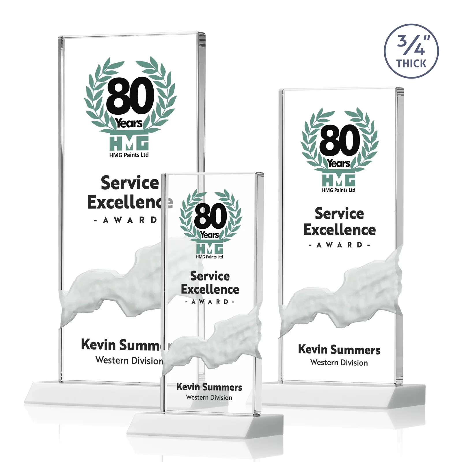 Customized Starfire Crystal Upright Award with Carved Waterfall on Mitered Base, awards for employee recognition