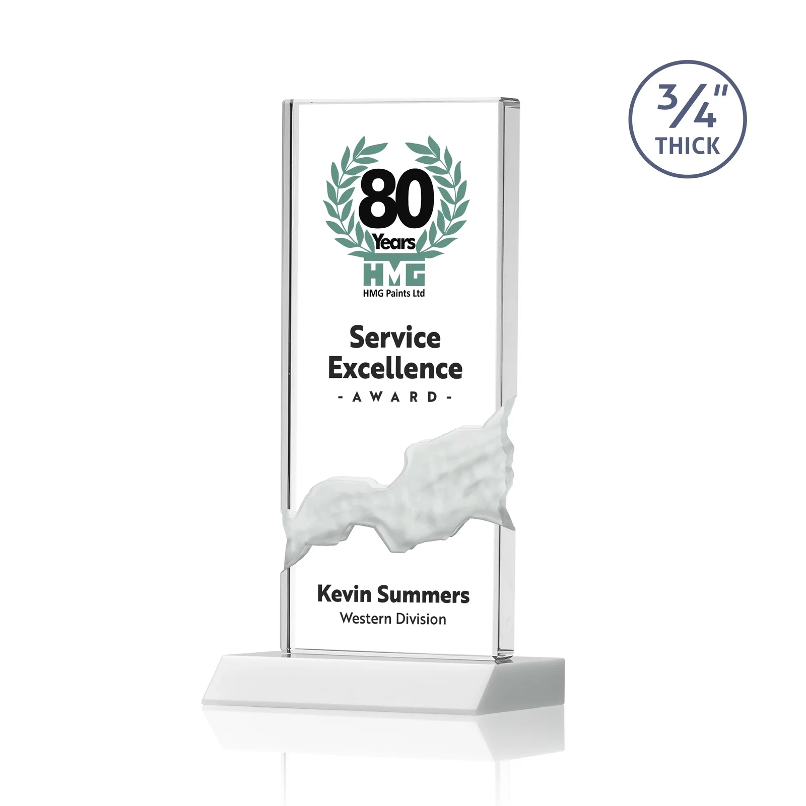 Customized Starfire Crystal Upright Award with Carved Waterfall on Mitered Base, awards for corporate award ceremonies