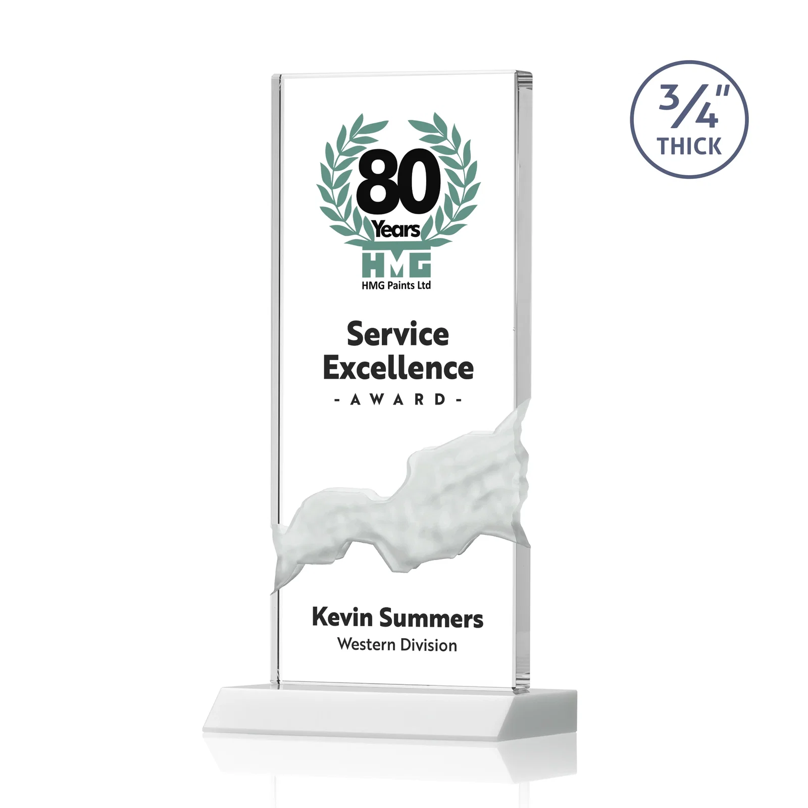 Customized Starfire Crystal Upright Award with Carved Waterfall on Mitered Base, awards for service anniversary gifts