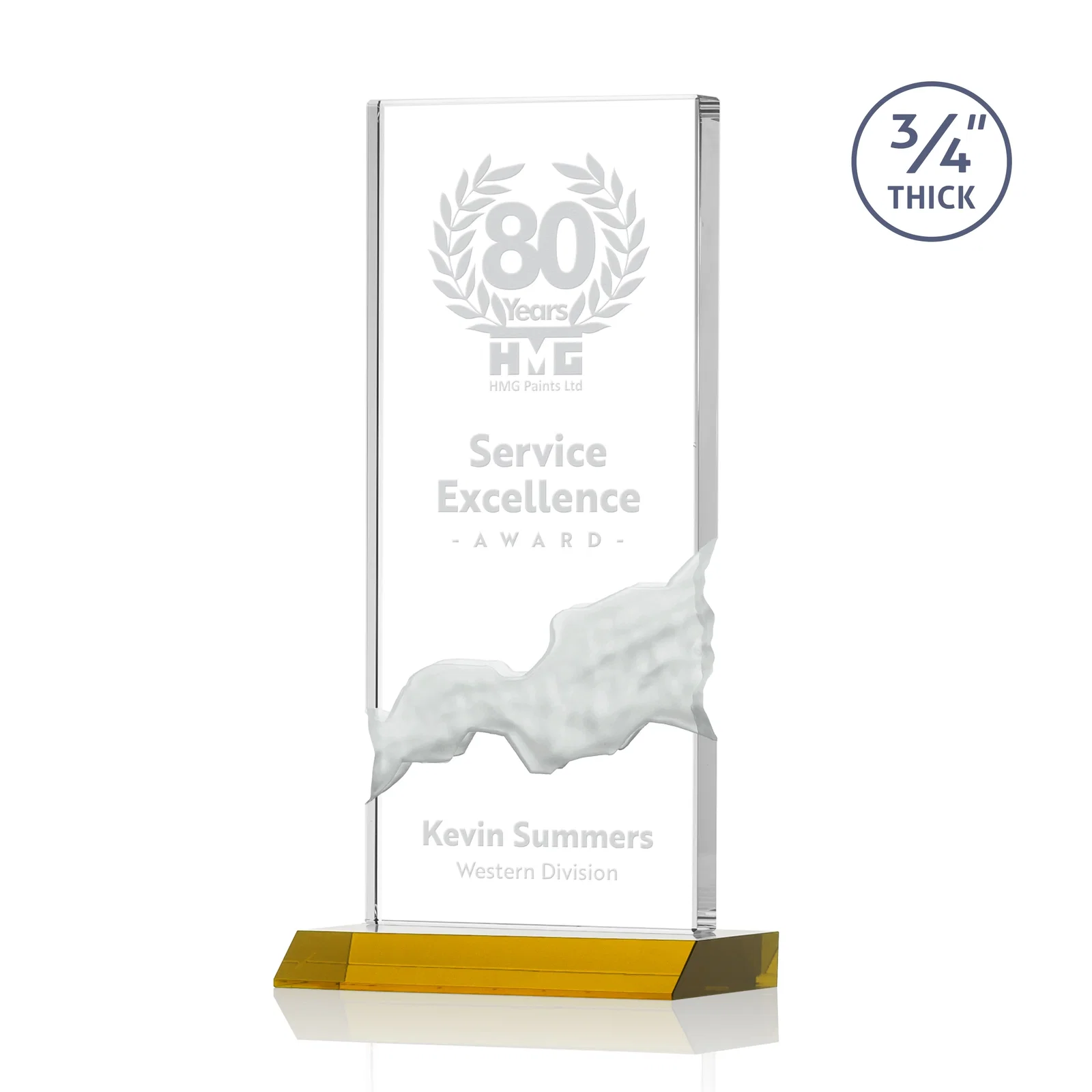 Custom Starfire Crystal Upright Award with Carved Waterfall on Mitered Base, awards for donor appreciation