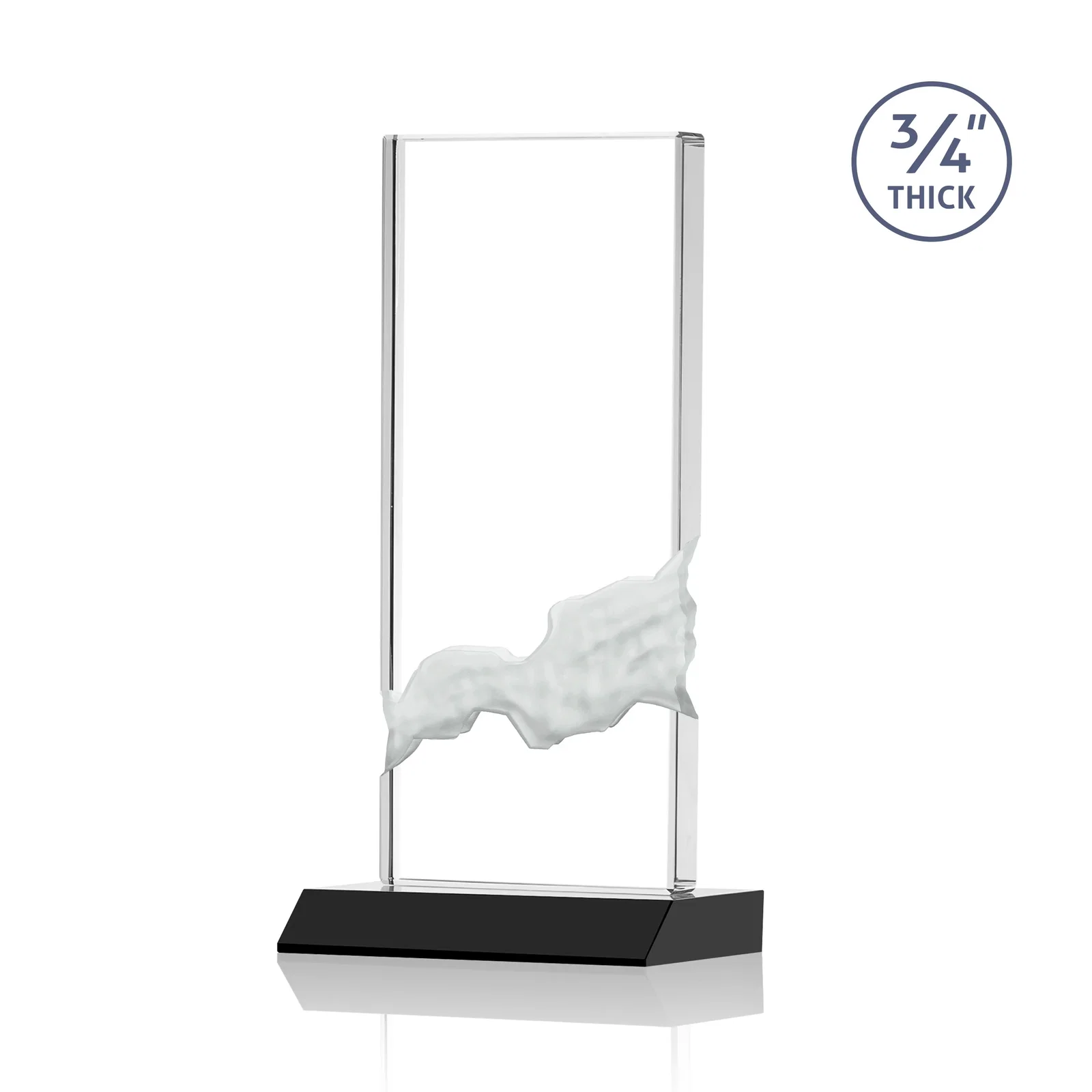 Custom engraved Starfire Crystal Upright Award with Carved Waterfall on Mitered Base, awards for corporate award ceremonies