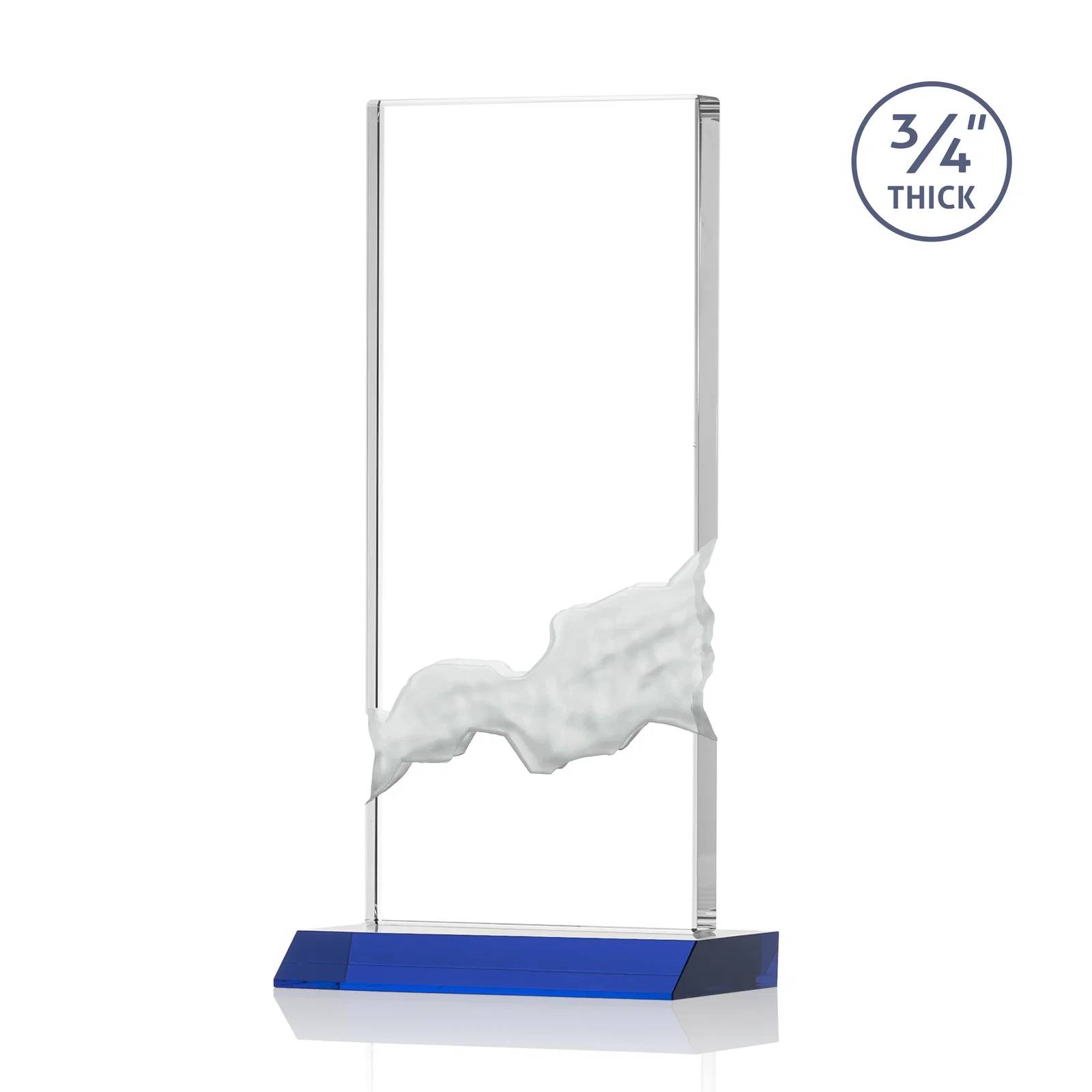 Custom engraved Starfire Crystal Upright Award with Carved Waterfall on Mitered Base, awards for team milestone celebrations