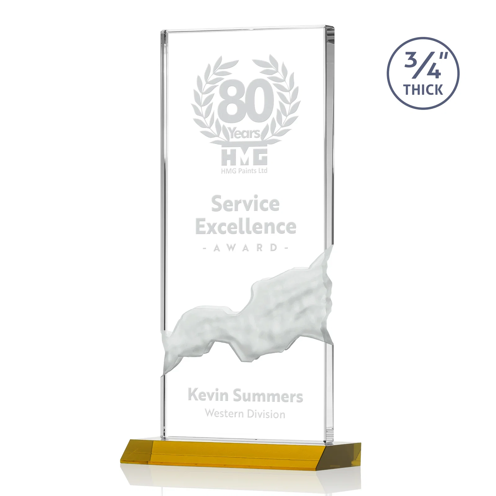 Custom Starfire Crystal Upright Award with Carved Waterfall on Mitered Base, awards for graduation ceremonies