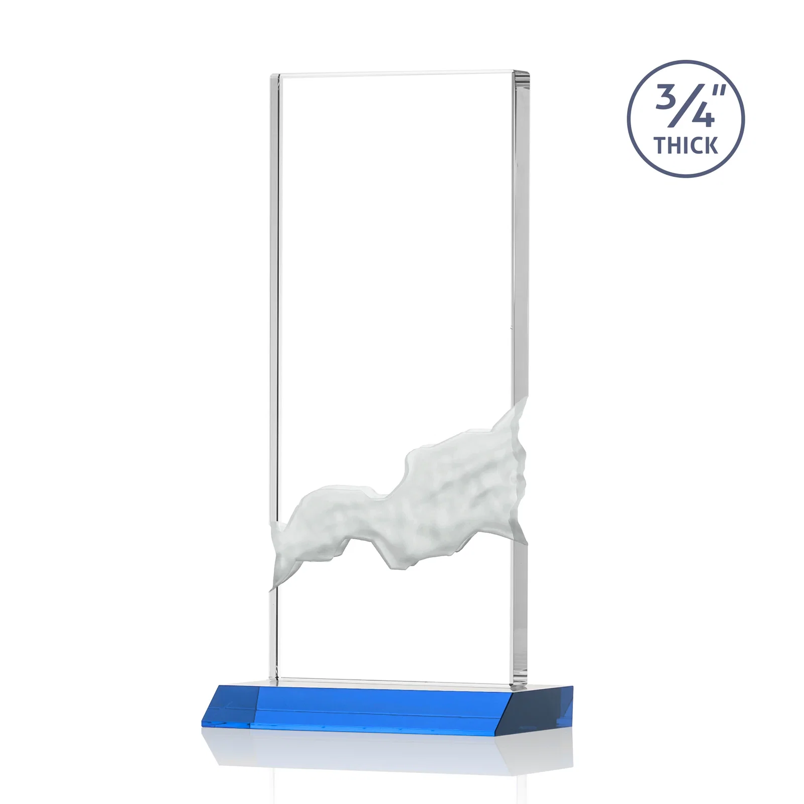 Custom engraved Starfire Crystal Upright Award with Carved Waterfall on Mitered Base, awards for company anniversary events