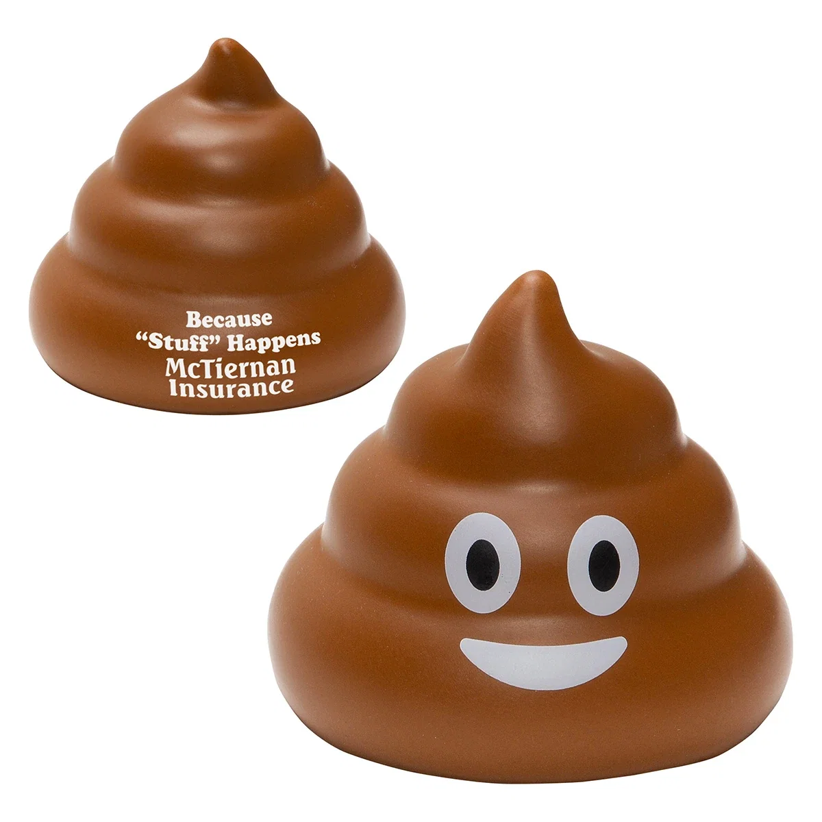 Poop emoji shaped stress reliever with a preprinted smiling face