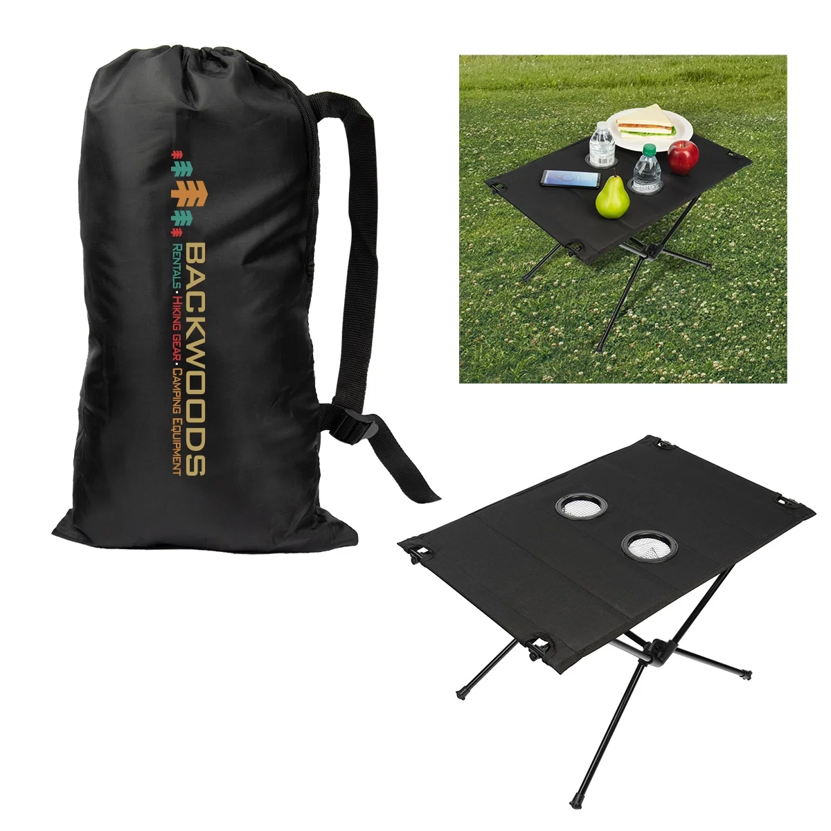 Portable camping table set up on its folding legs