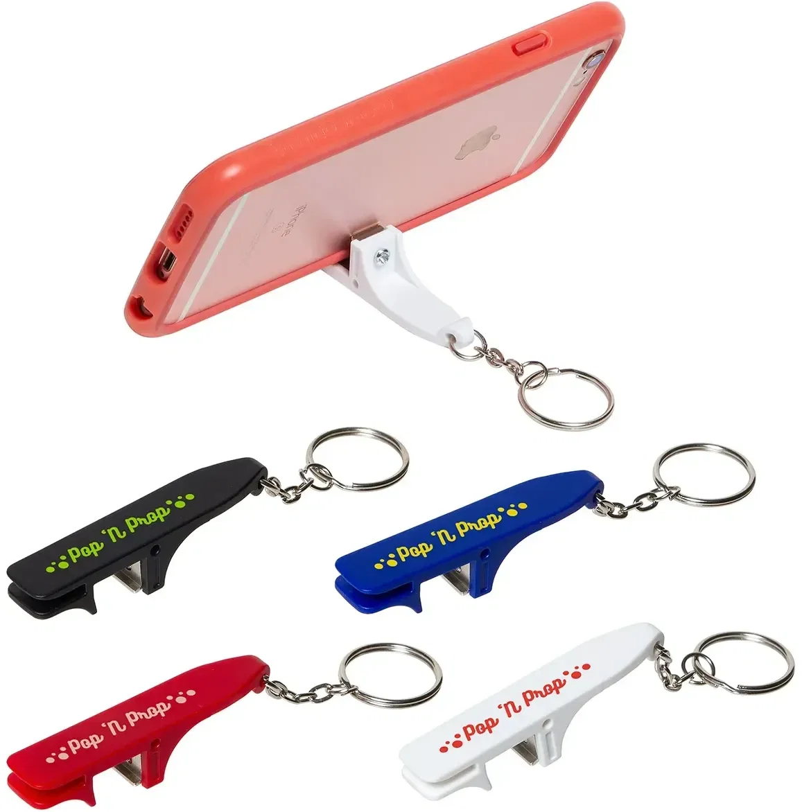 Pop 'N Prop Phone Stand Bottle Opener, custom branded keychain bottle opener front view