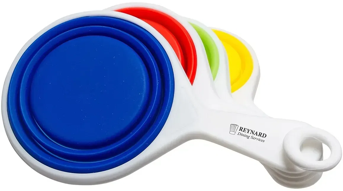 Pop-Out custom silicone measuring cups, branded four-piece kitchen set nested, top view