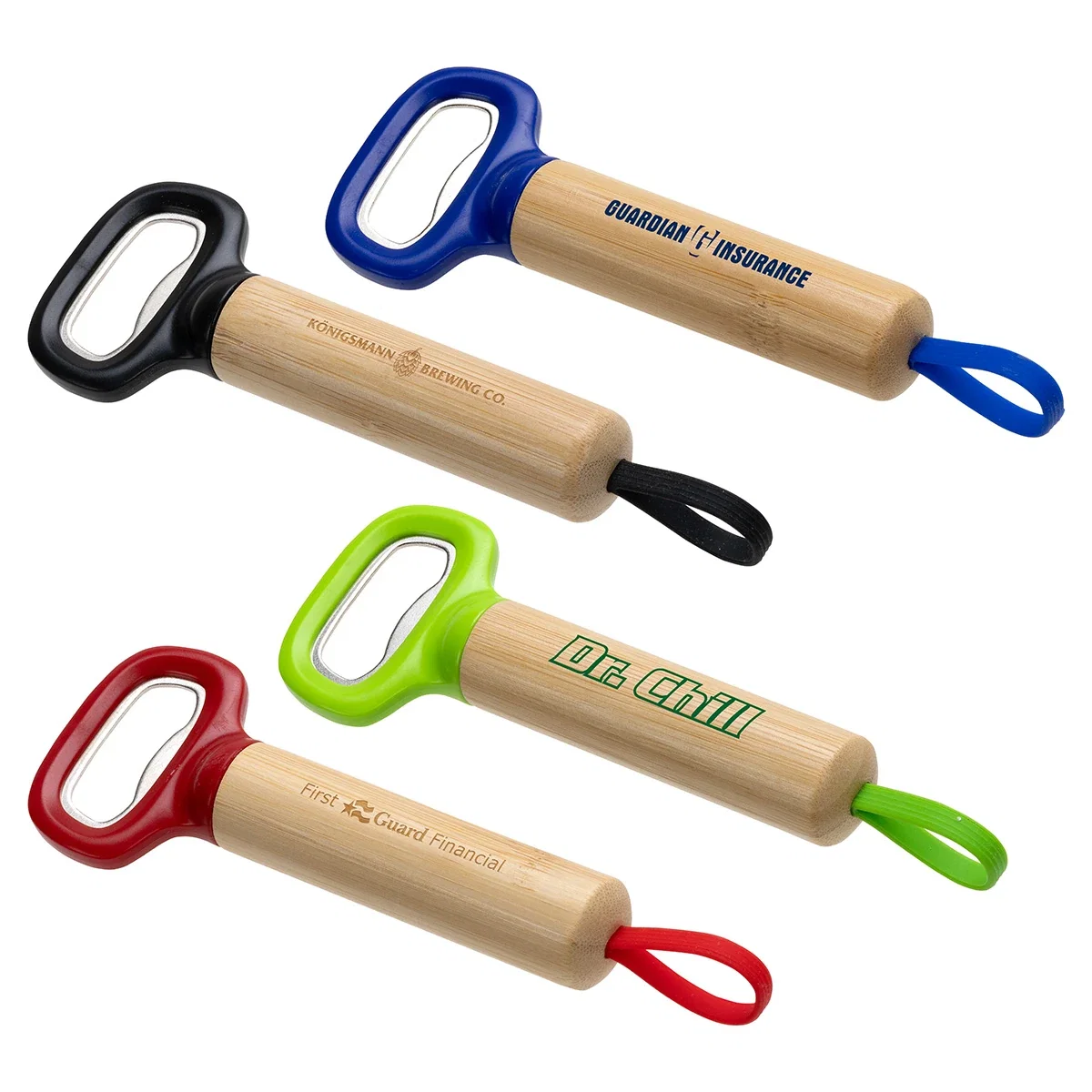 Custom Pop Top Bamboo Bottle Opener, front view of the branded bottle opener