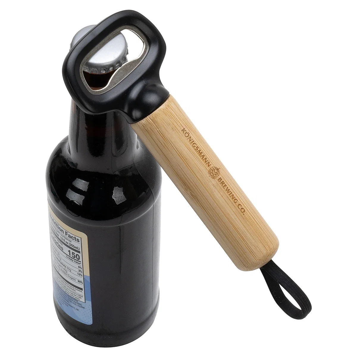 Pop Top Bamboo Bottle Opener removing a bottle cap, promotional bottle opener in use