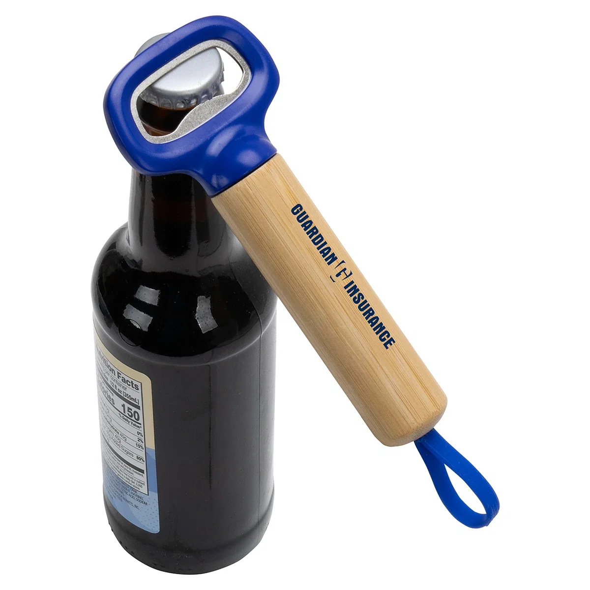 Close-up of the imprint area on the Pop Top Bamboo Bottle Opener