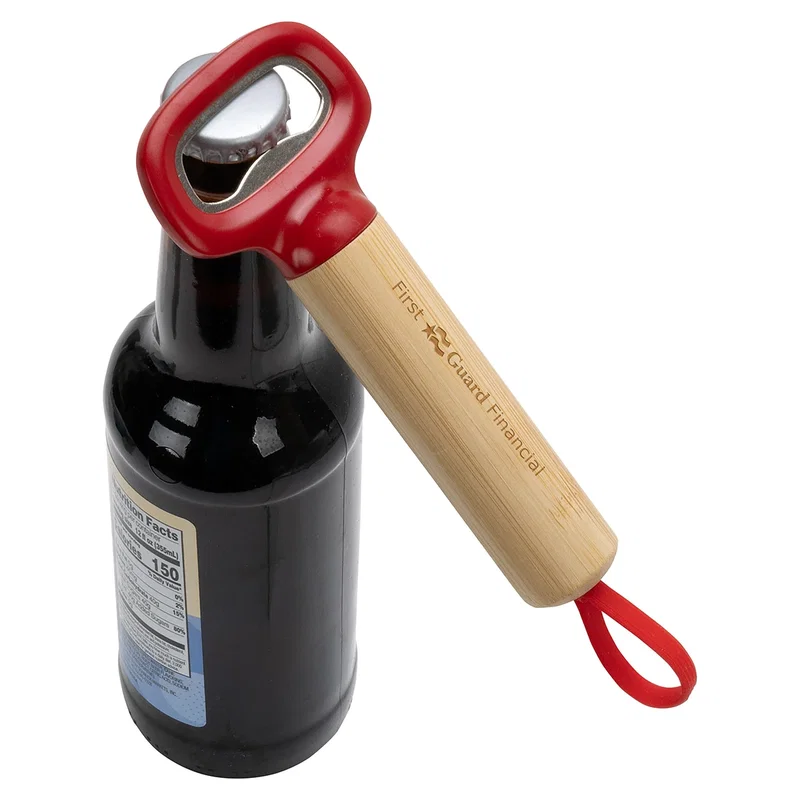 Close-up of the pop-top mechanism on the Bamboo Bottle Opener