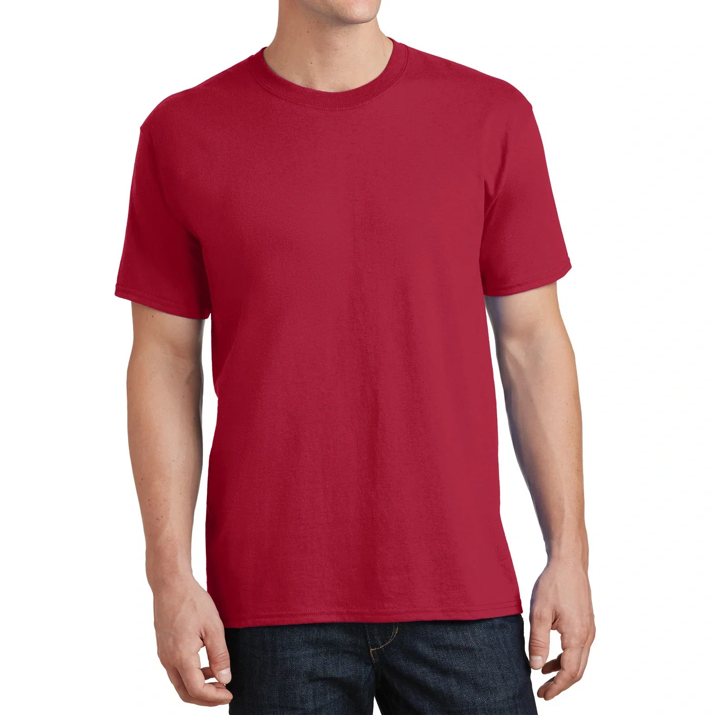 Red short-sleeve shirt displayed from the front