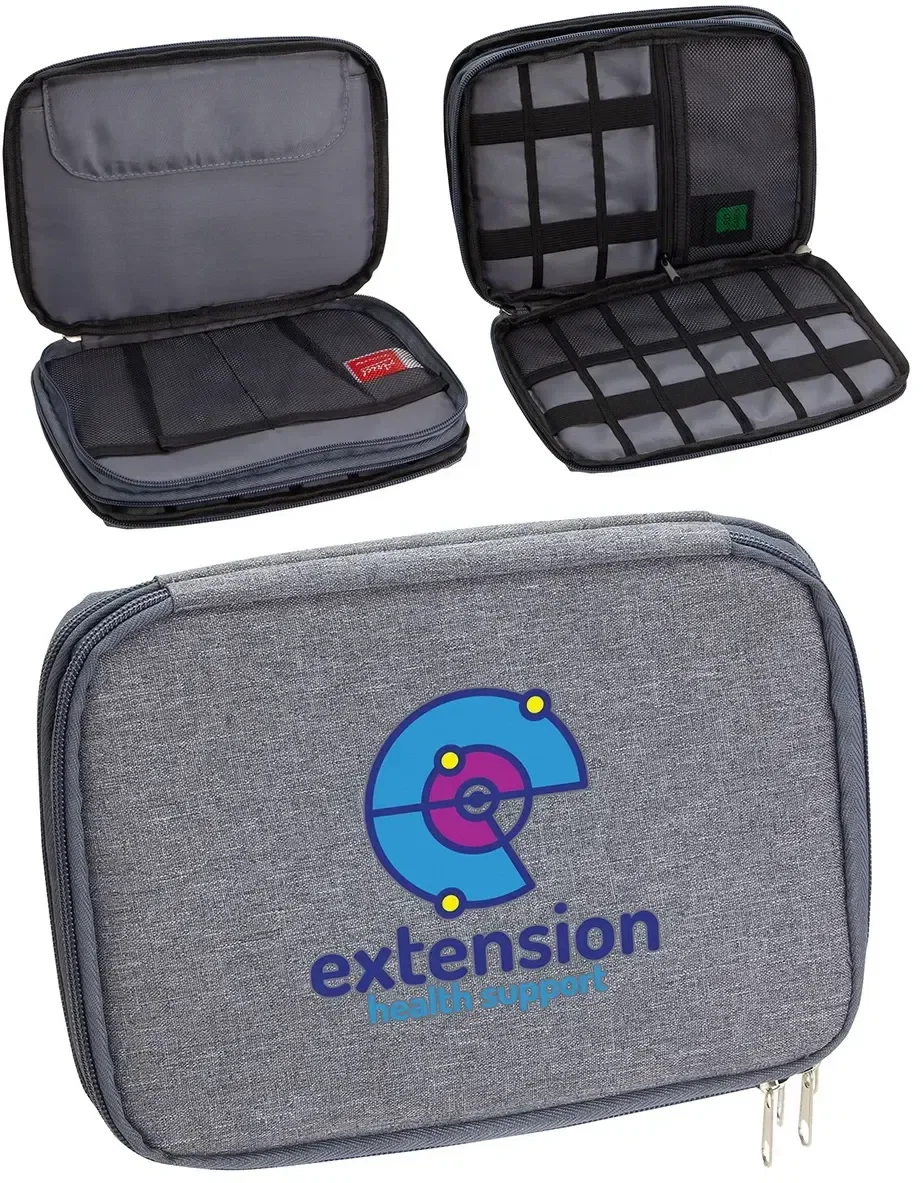 Porta Power 10-Pocket Tech Organizer, custom promotional tech organizer open showing cable pockets and logo