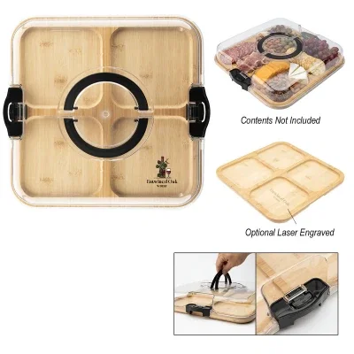 Portable charcuterie board with a fitted lid, twelve inches square
