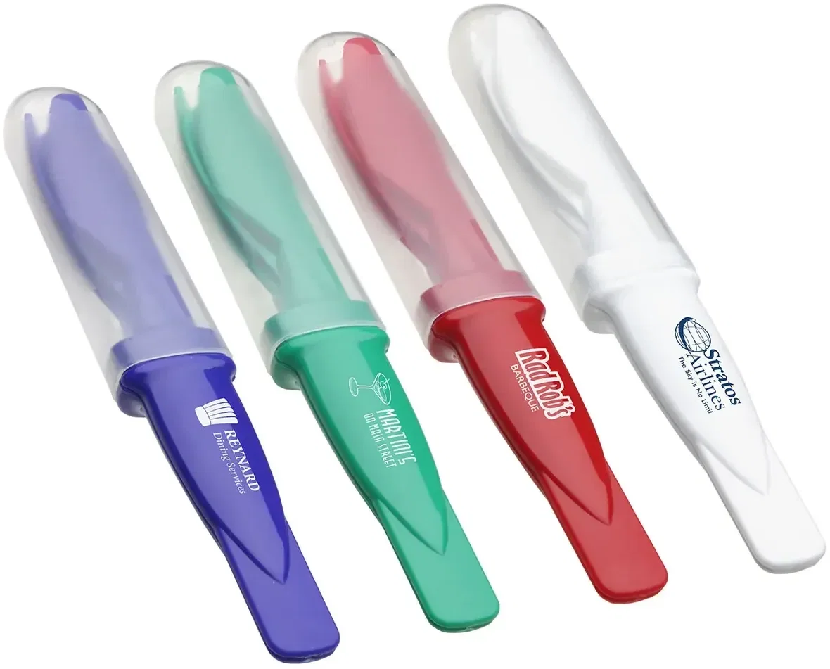 Custom branded nesting cutlery set, front view of the promotional reusable travel utensils with logo case