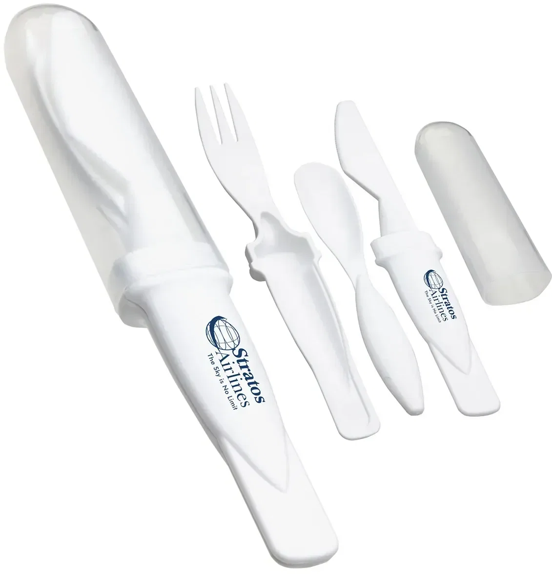 Branded nesting cutlery set laid out showing knife, fork, and spoon, custom promotional travel kit