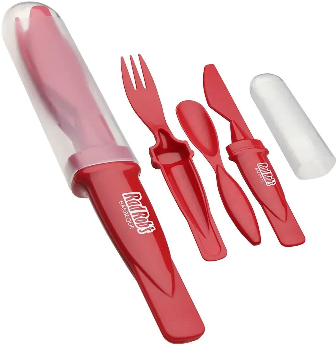 Angled view of the promotional nesting cutlery case, custom branded reusable utensil set for travel