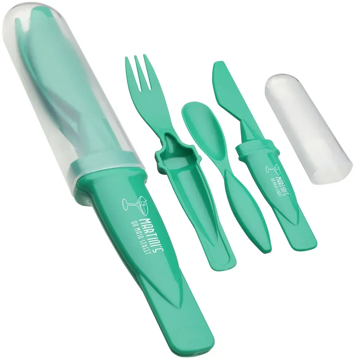 Close-up of the branded travel cutlery nested in its compact case, custom promotional utensil set
