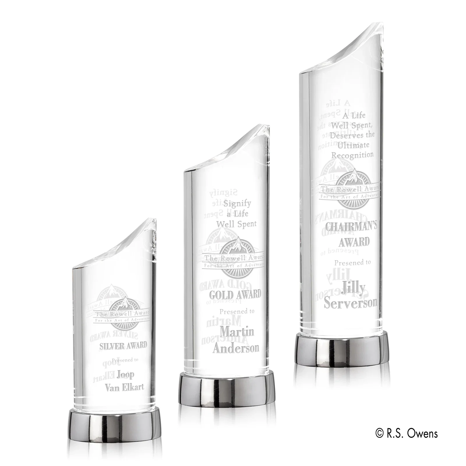 Custom Optical Crystal Oval Column Award on Silver-Plated Metal Base for employee recognition