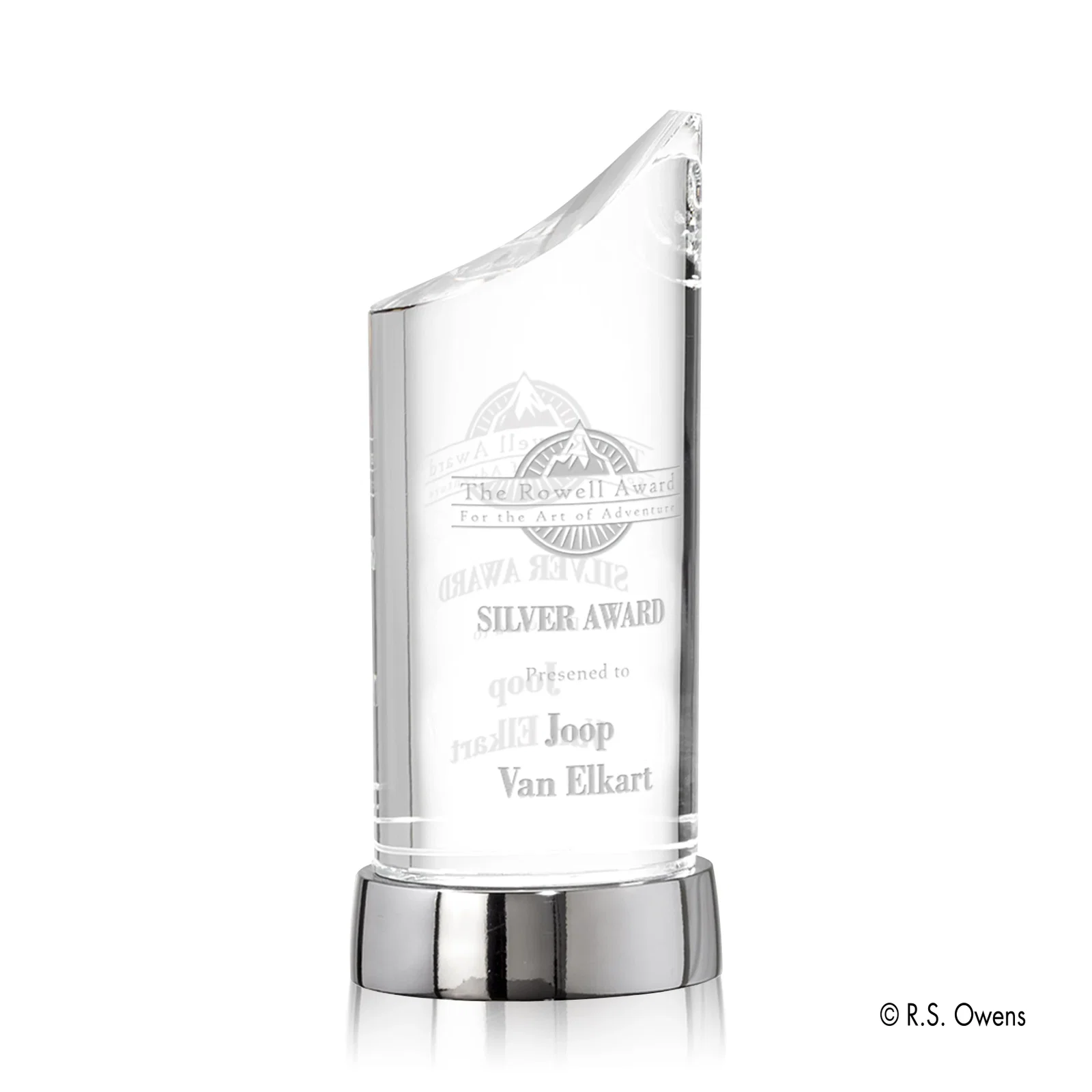 Custom Optical Crystal Oval Column Award on Silver-Plated Metal Base for corporate award ceremonies