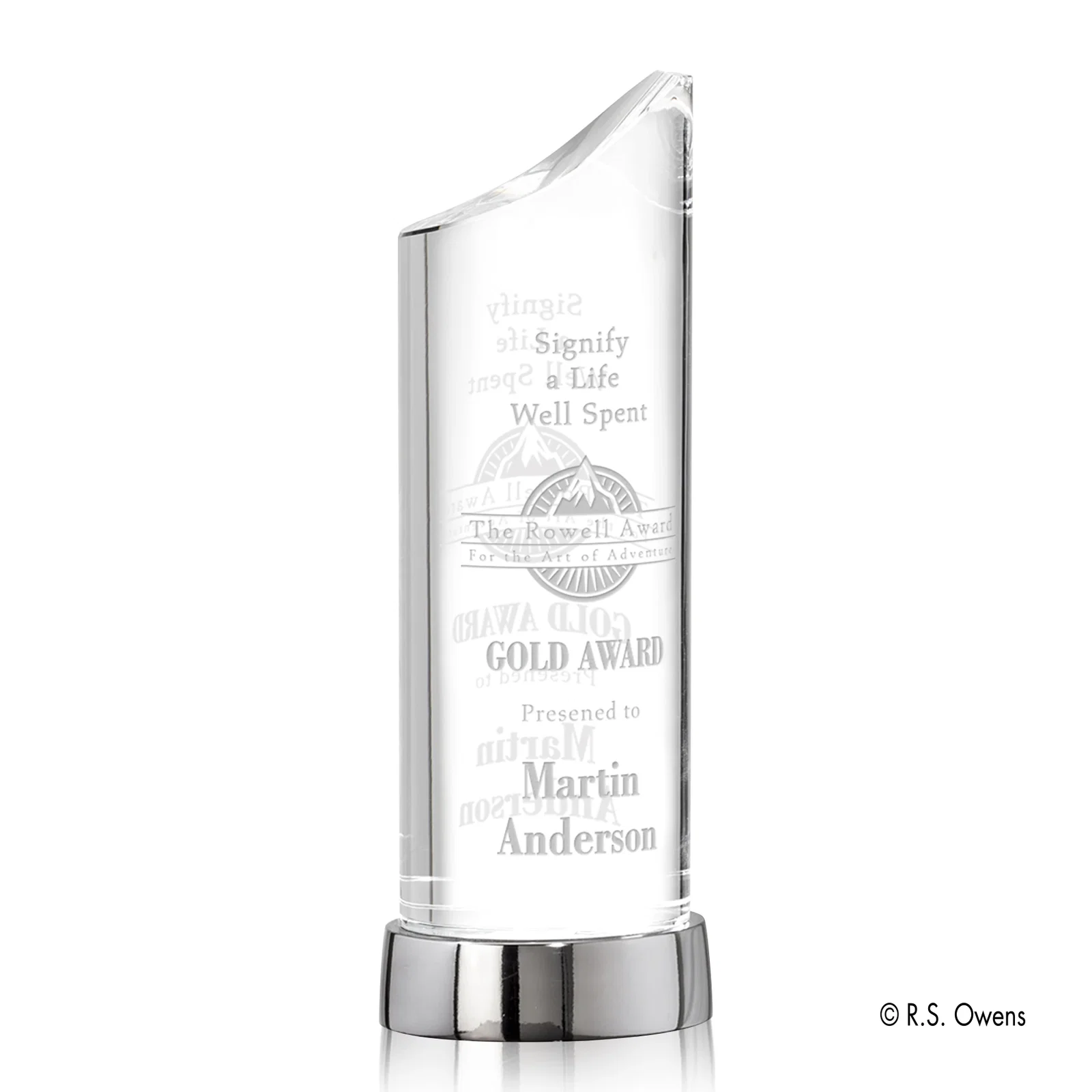 Custom Optical Crystal Oval Column Award on Silver-Plated Metal Base for service anniversary gifts