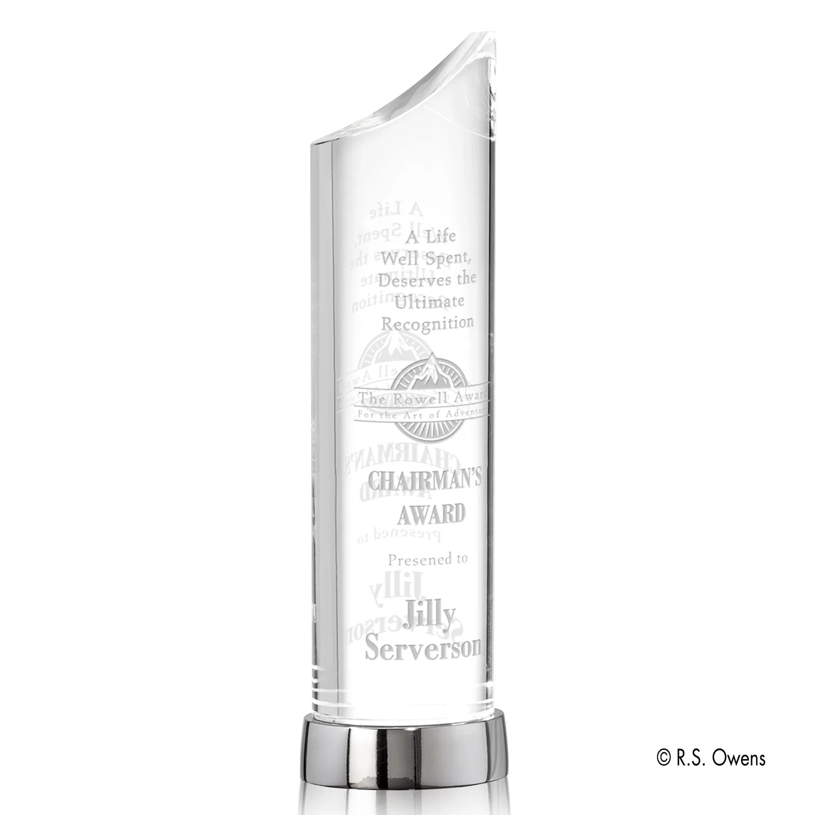 Custom Optical Crystal Oval Column Award on Silver-Plated Metal Base for sales achievement awards