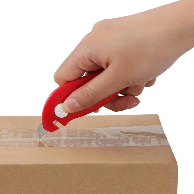 Porter 3-in-1 rope and box cutter opening taped cardboard box flaps, in-use close-up