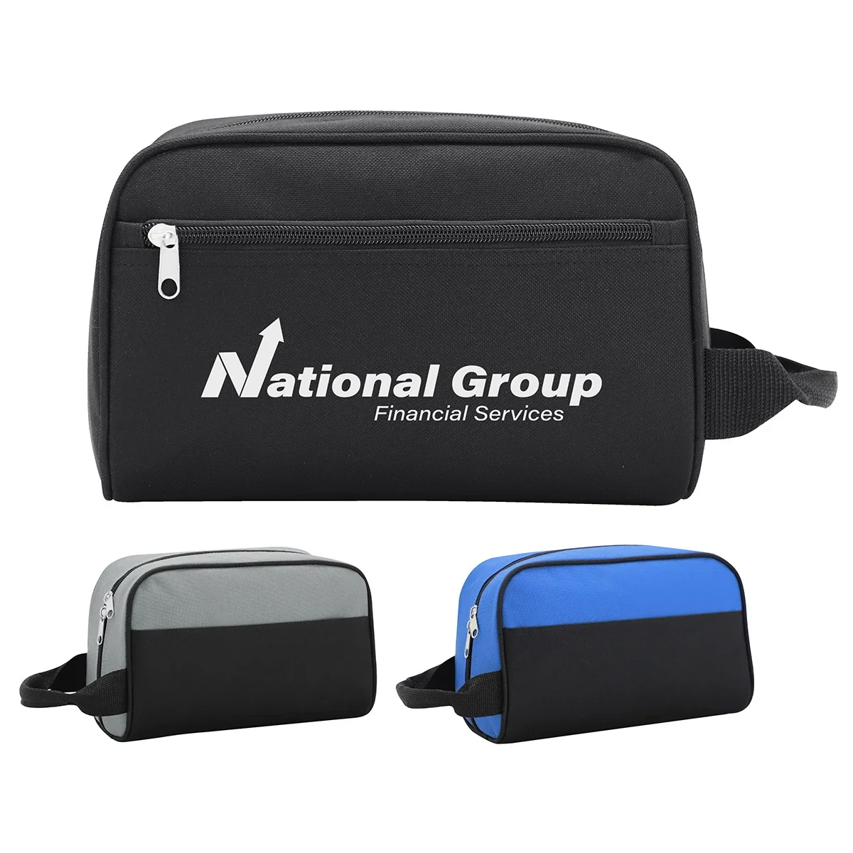 Custom Porter Polyester Toiletry Bag, front view of the branded toiletry bag