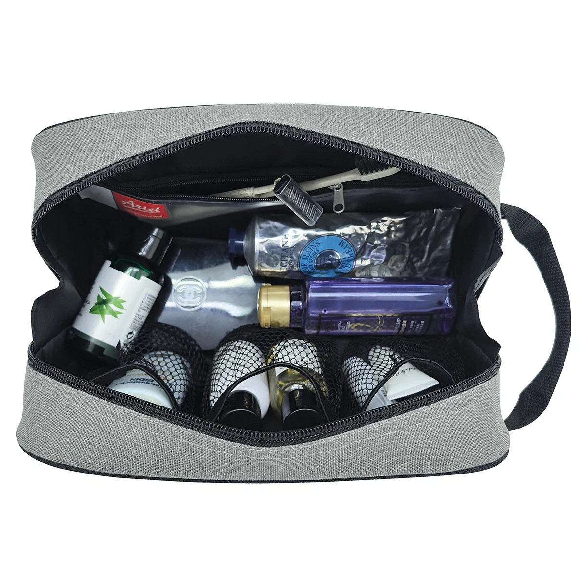 Close-up of the zipper pull and imprint area on the Porter Toiletry Bag