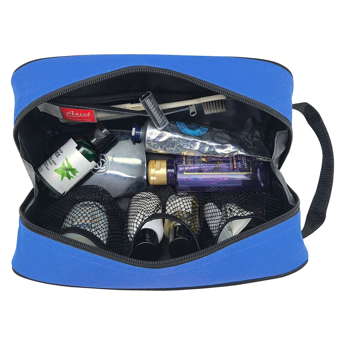 Porter Polyester Toiletry Bag packed with travel essentials, promotional toiletry bag lifestyle shot