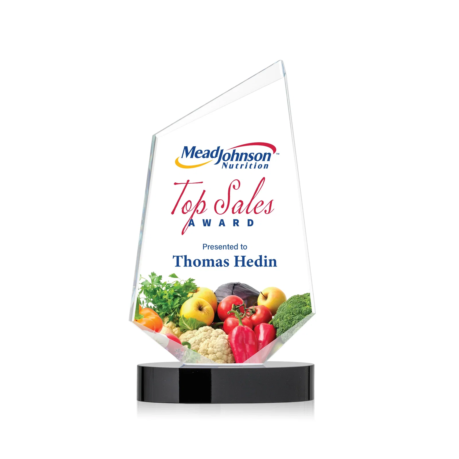 Custom Starfire Crystal Wedge Award with Ebony or Sapphire Base, awards for company anniversary events