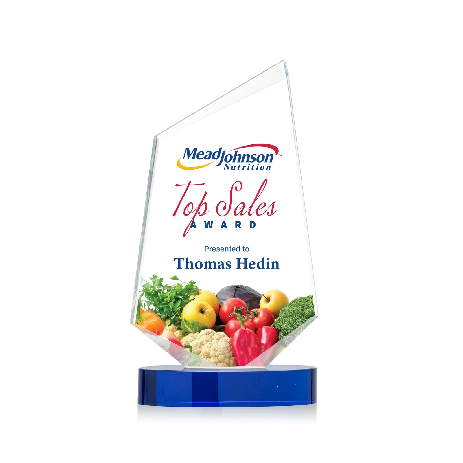 Personalized Starfire Crystal Wedge Award with Ebony or Sapphire Base, awards for sales achievement awards