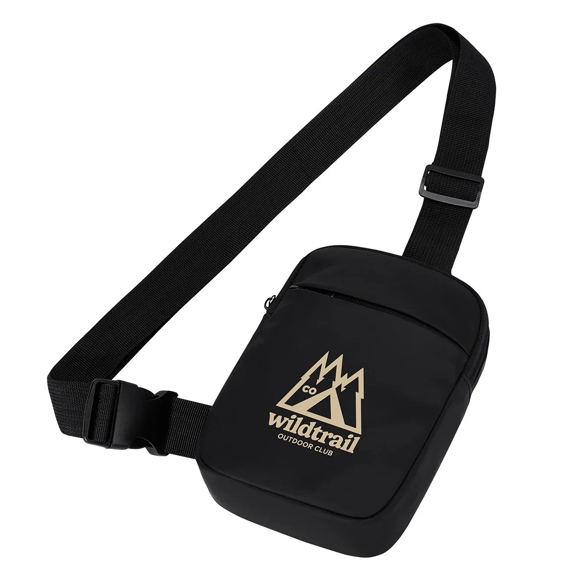 Close-up of the custom Posse Leatherette Crossbody Bag's logo imprint area