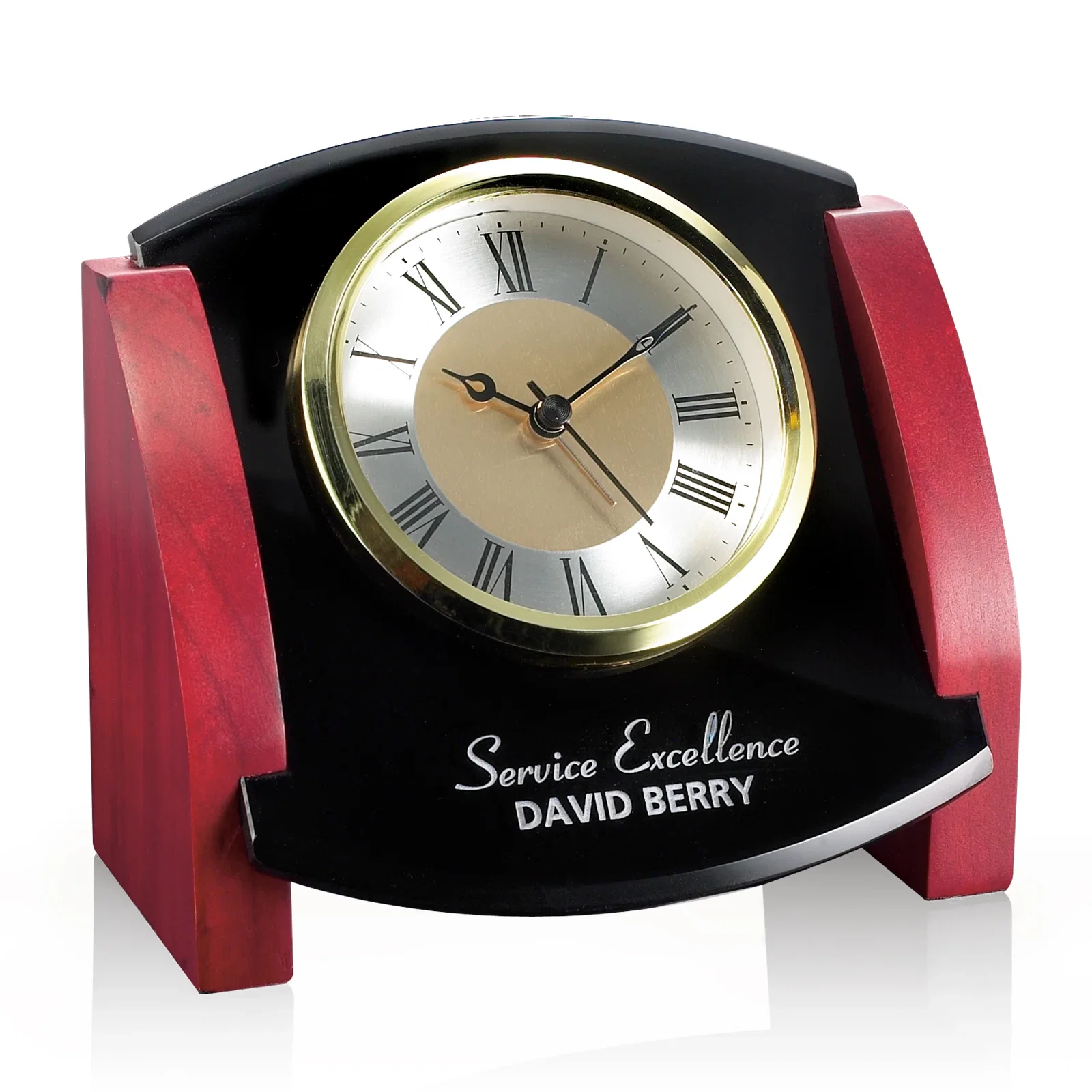 Custom Rosewood and Black Glass Desk Clock With Optional Colorfill for employee recognition