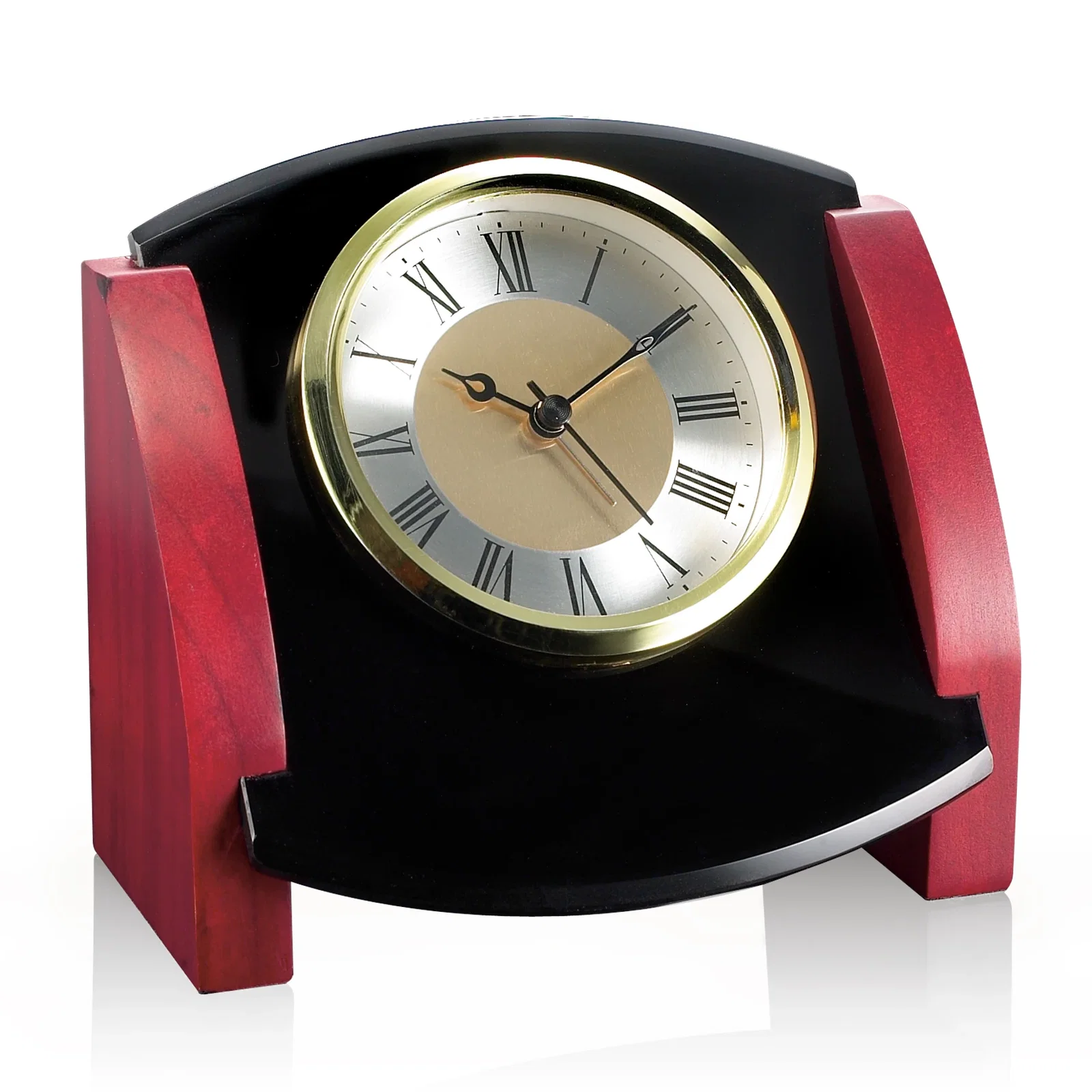 Custom Rosewood and Black Glass Desk Clock With Optional Colorfill for corporate award ceremonies