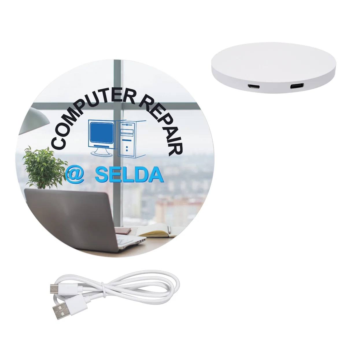 Round wireless charging pad with built-in USB ports