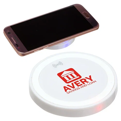 Promotional Power Disc Qi charger angled view of the branded set-and-charge design