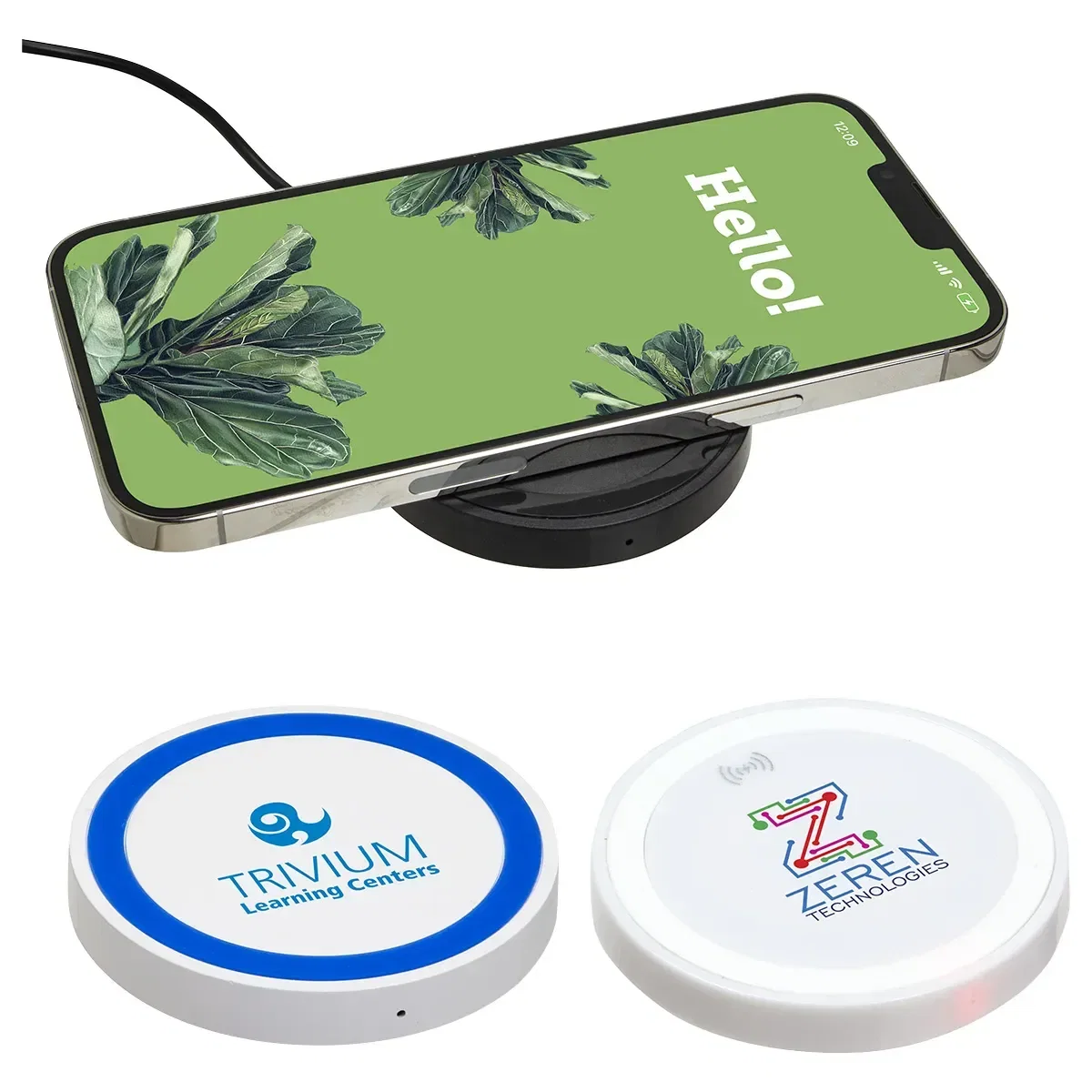 Custom Power Disc Qi wireless charger, front view of the branded 5W and 15W charging pad