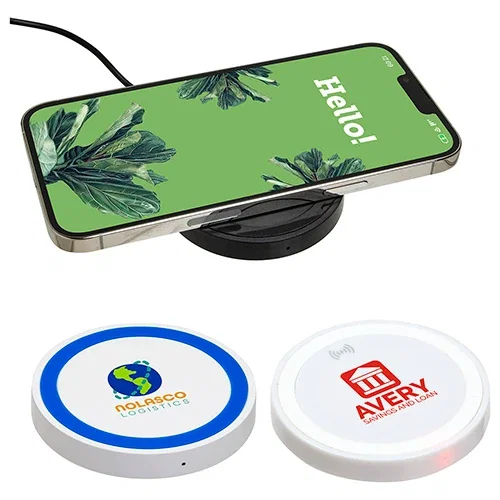 Custom Power Disc Qi wireless charger shown with USB cable, branded tech giveaway