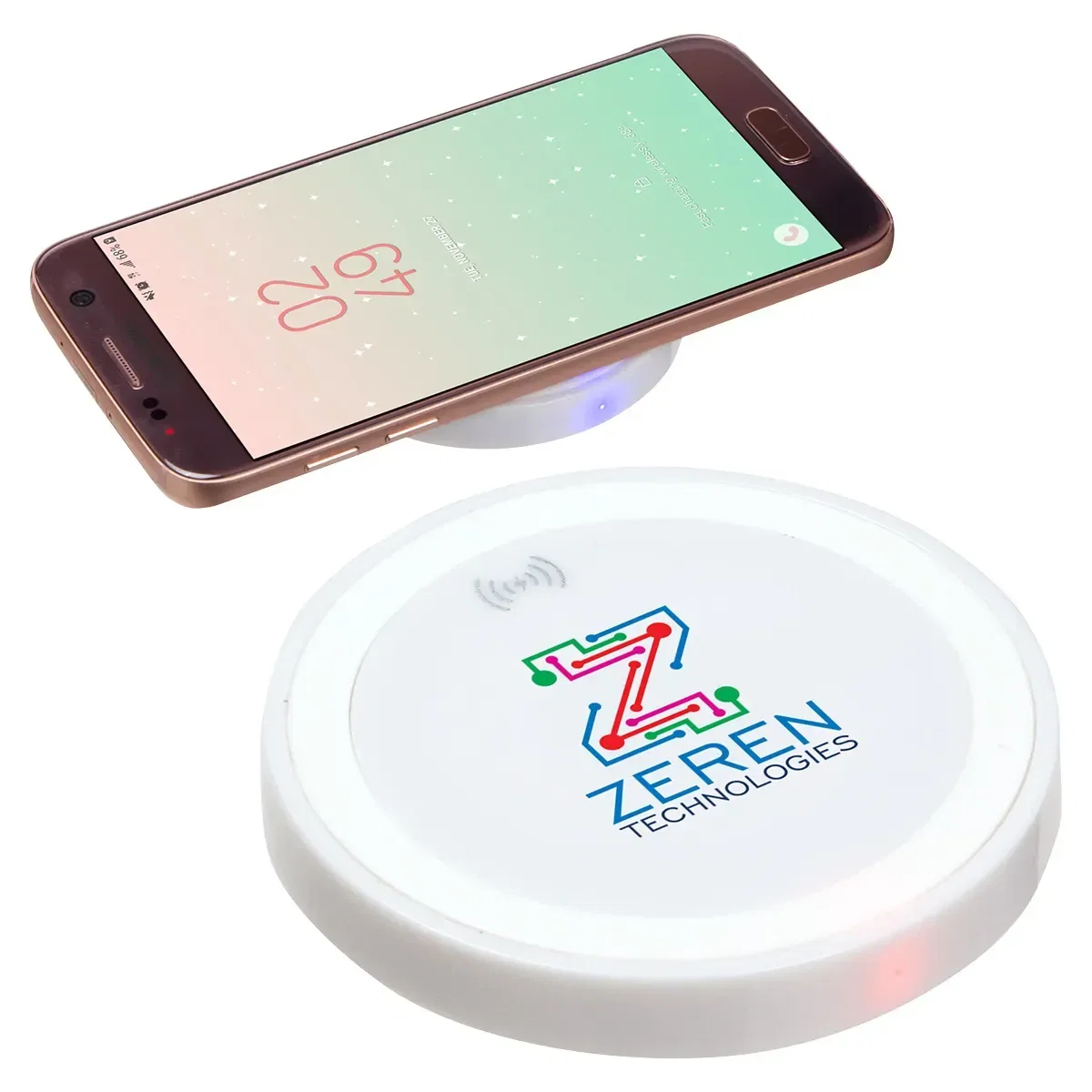 Branded Power Disc pad charging a smartphone, promotional Qi wireless charger in use
