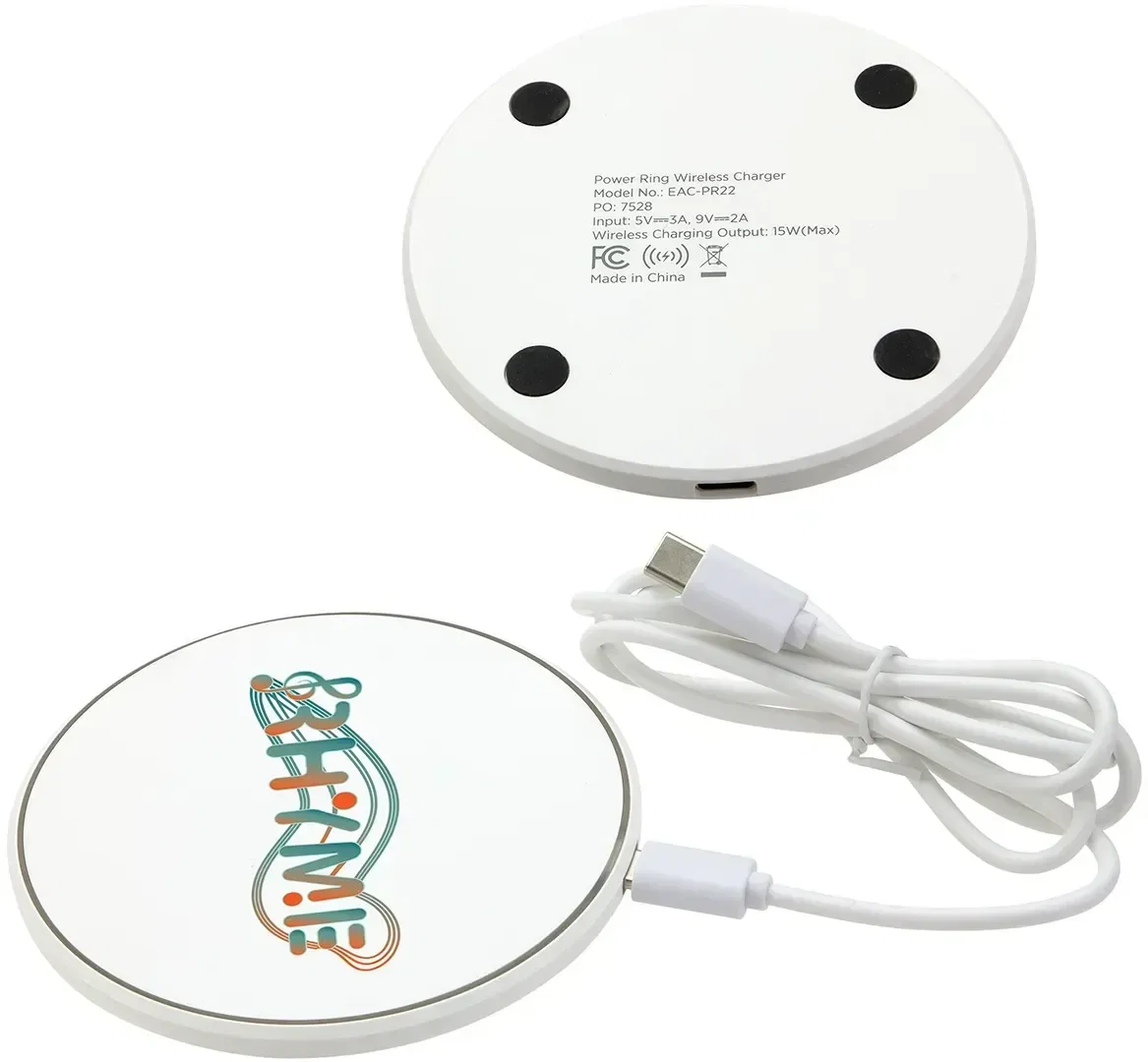 Power Ring promotional wireless charger, illuminated ring glowing with branded logo