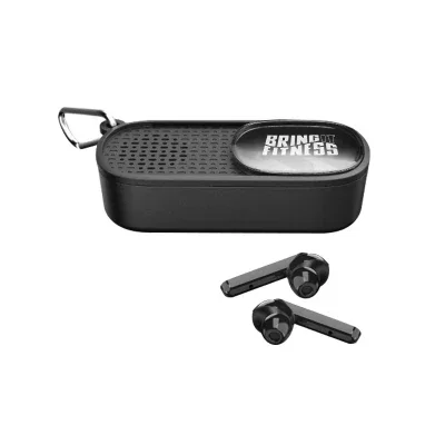 Wireless earbuds docked in a sliding case that doubles as a speaker